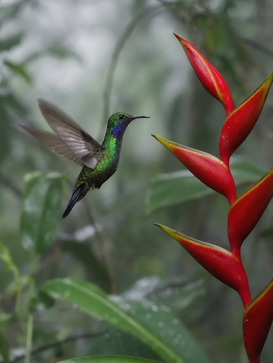 A green-crowned brilliant hummingbird at a heliconia flower.