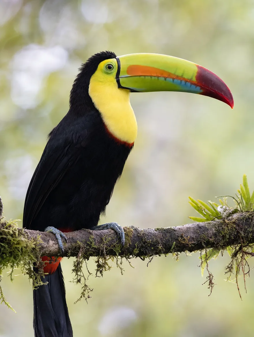 A keel-billed toucan on a mossy branch.