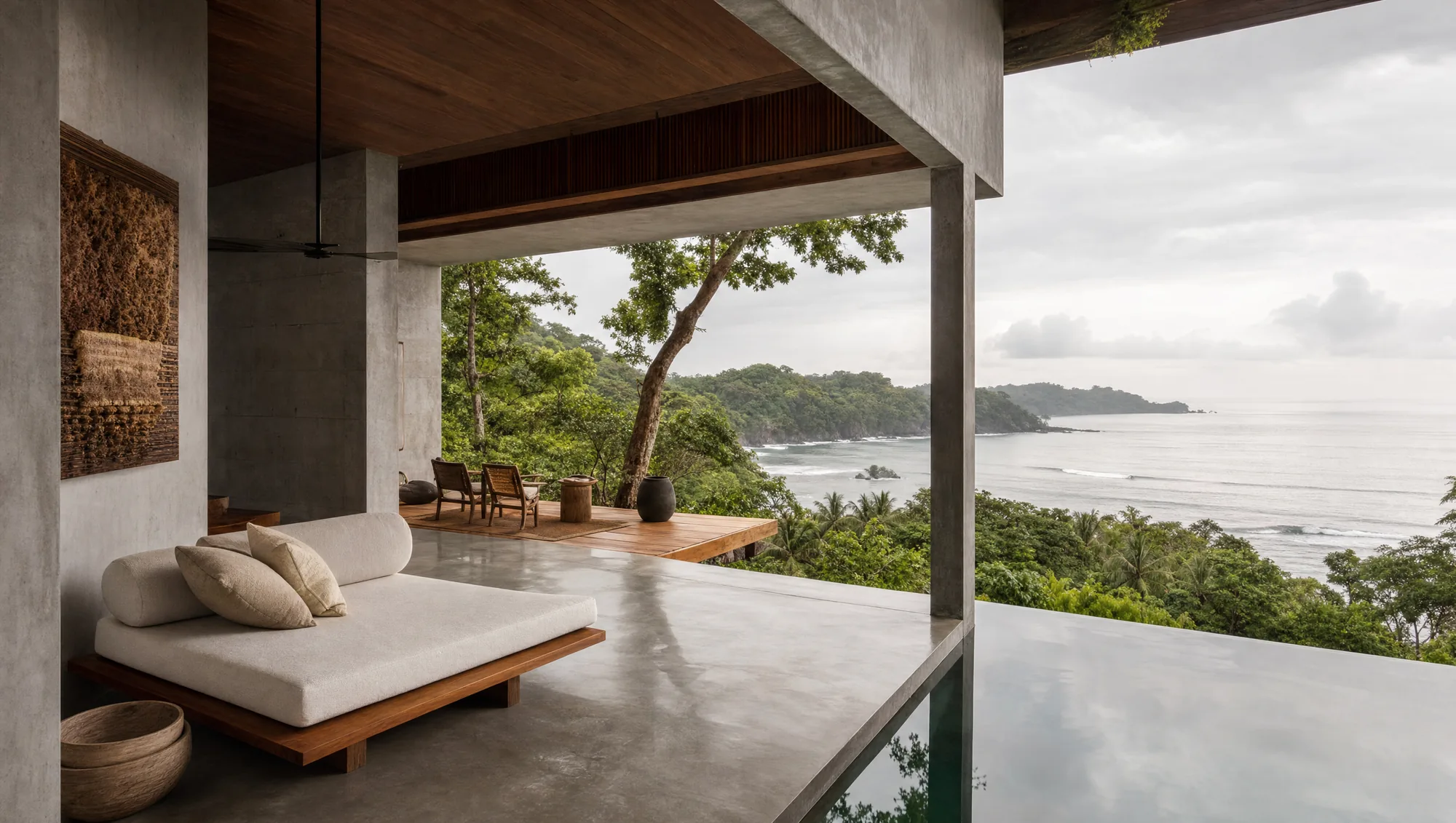 An open-air villa in concrete and hardwood above the Pacific.
